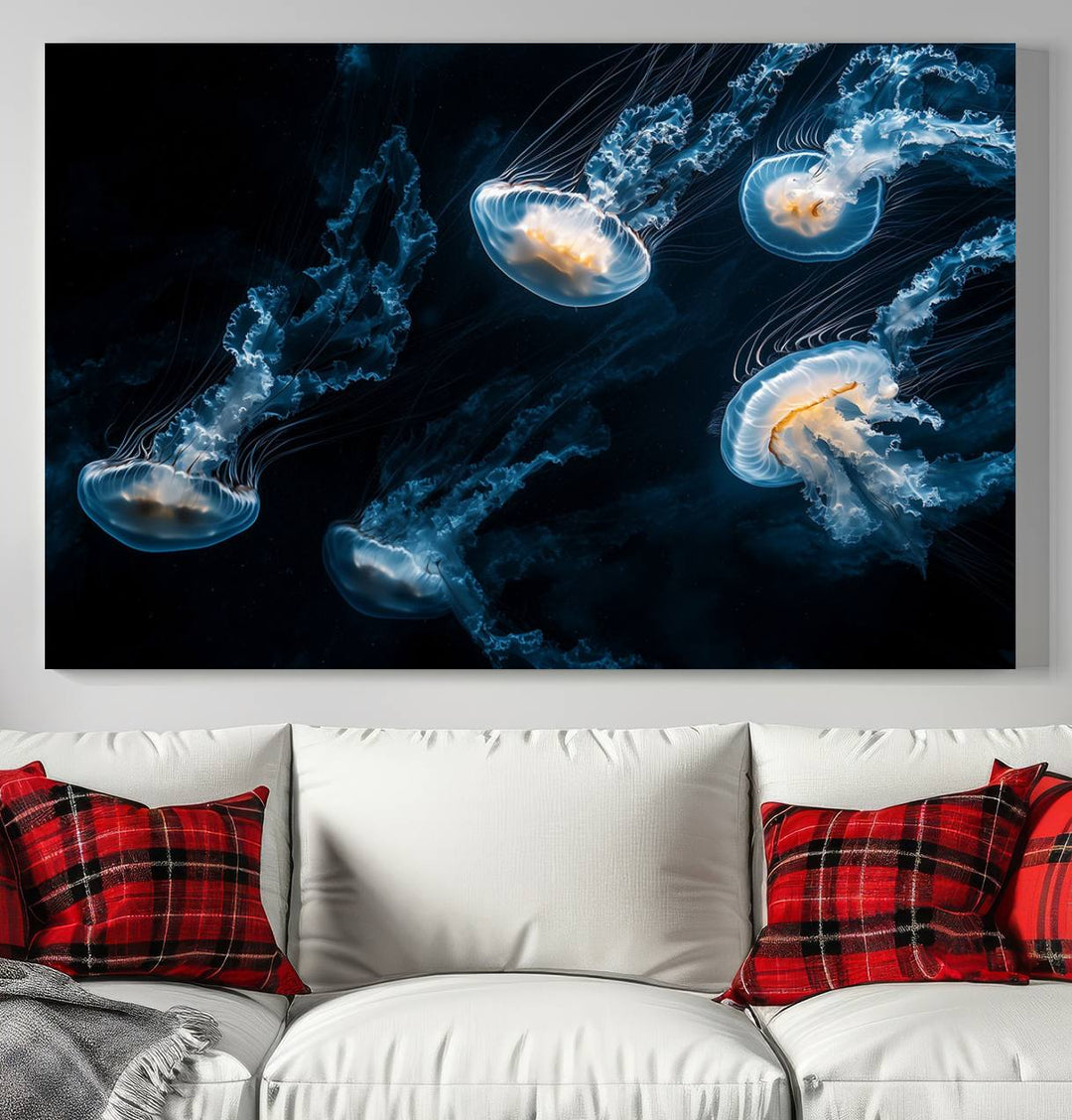 The "Jellyfish Wall Art Canvas Print," featuring a sea-themed design of glowing jellyfish, is displayed in high-resolution on museum-quality canvas.