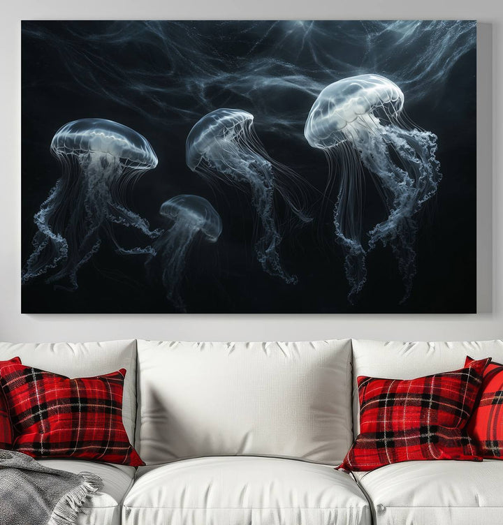 The Jellyfish Wall Art Canvas Print features glowing jellyfish in vibrant colors on museum-quality canvas.