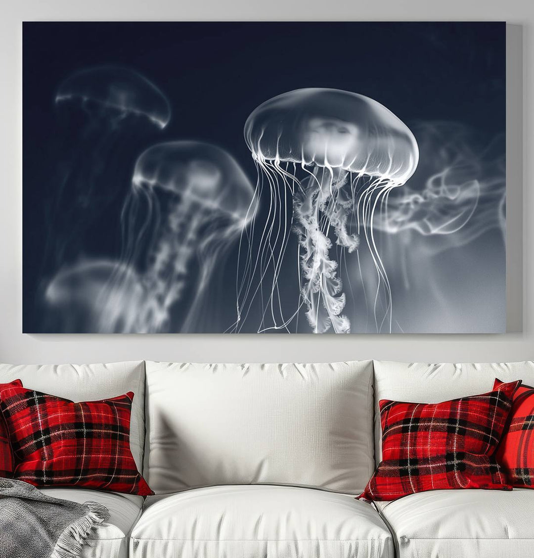 A stunning Jellyfish Wall Art Canvas Print showcases museum-quality canvas through high-resolution printing.