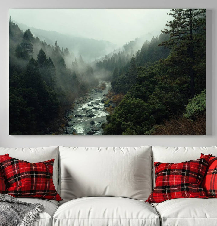 Misty Forest Wall Art | Ready to Hang and Framed | Tranquil Nature Landscape for Living Room or Cabin Wall Decor