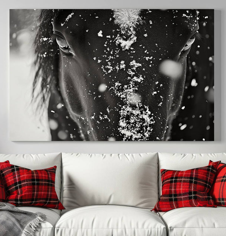 The Winter Horse Snow Wall Art Canvas Print, a black and white triptych showcasing a snow-covered horse's face, infuses the space with rustic cabin decor.