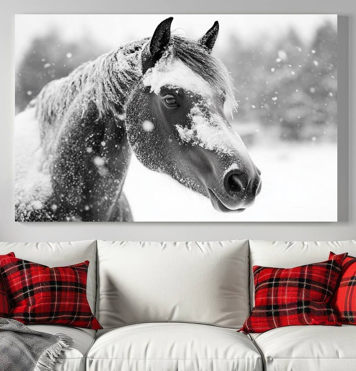 The Black Horse Winter Wall Art, framed and ready to hang, is beautifully displayed as farmhouse and western wall decor.