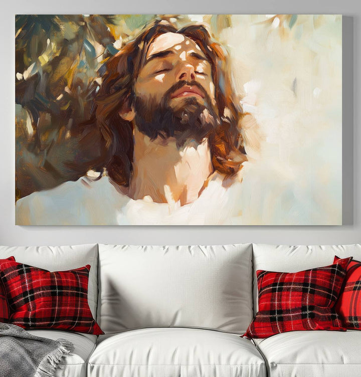 The Jesus Portrait Wall Art Canvas Print features a depiction of Jesus Christ with closed eyes, basking in sunlight. His expression exudes a peaceful, spiritual atmosphere against a blurred background.