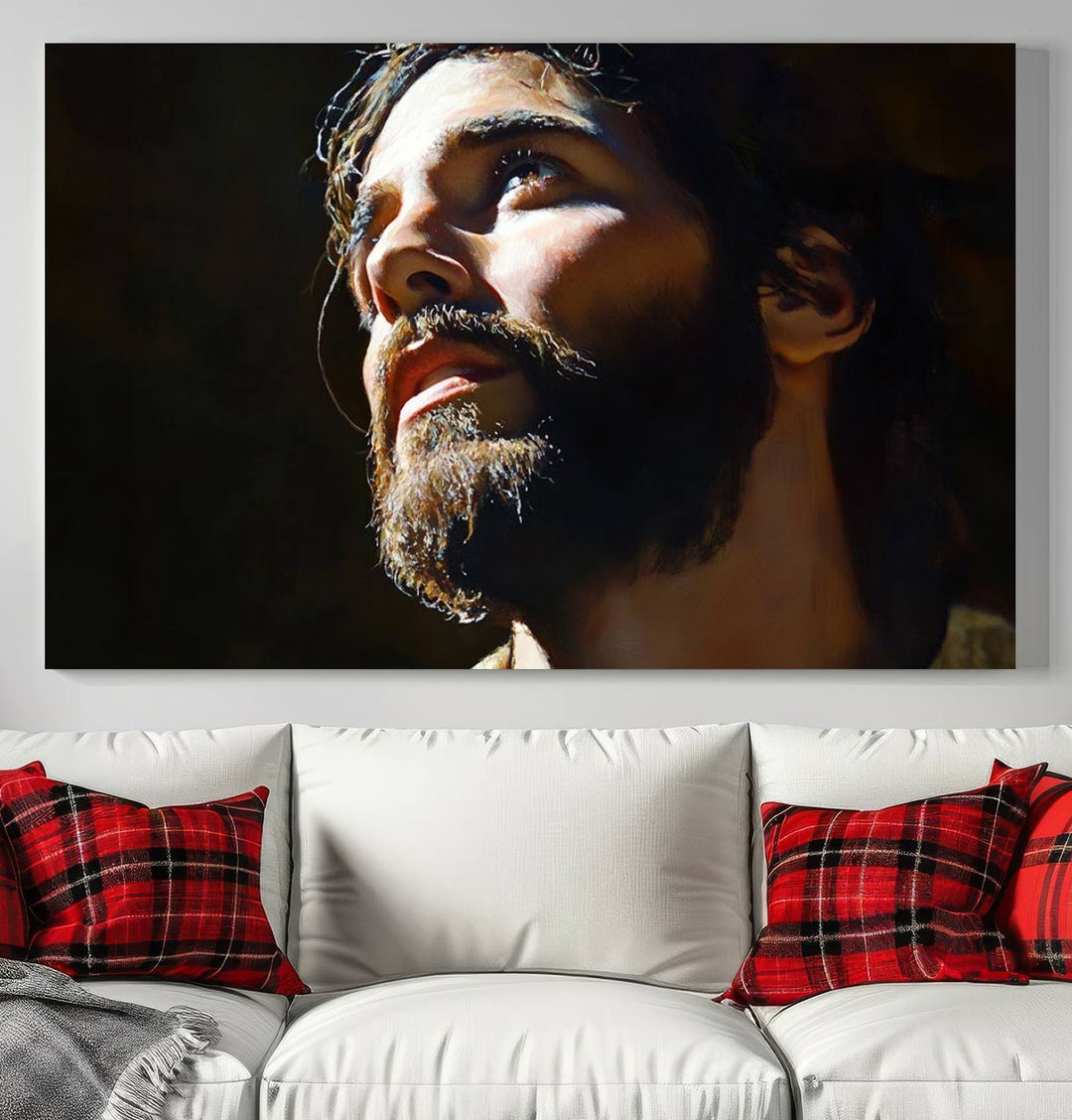 The Jesus Portrait Wall Art Canvas Print features a thoughtful depiction of Jesus Christ in an oil painting style, adding an inspirational religious touch to the decor.