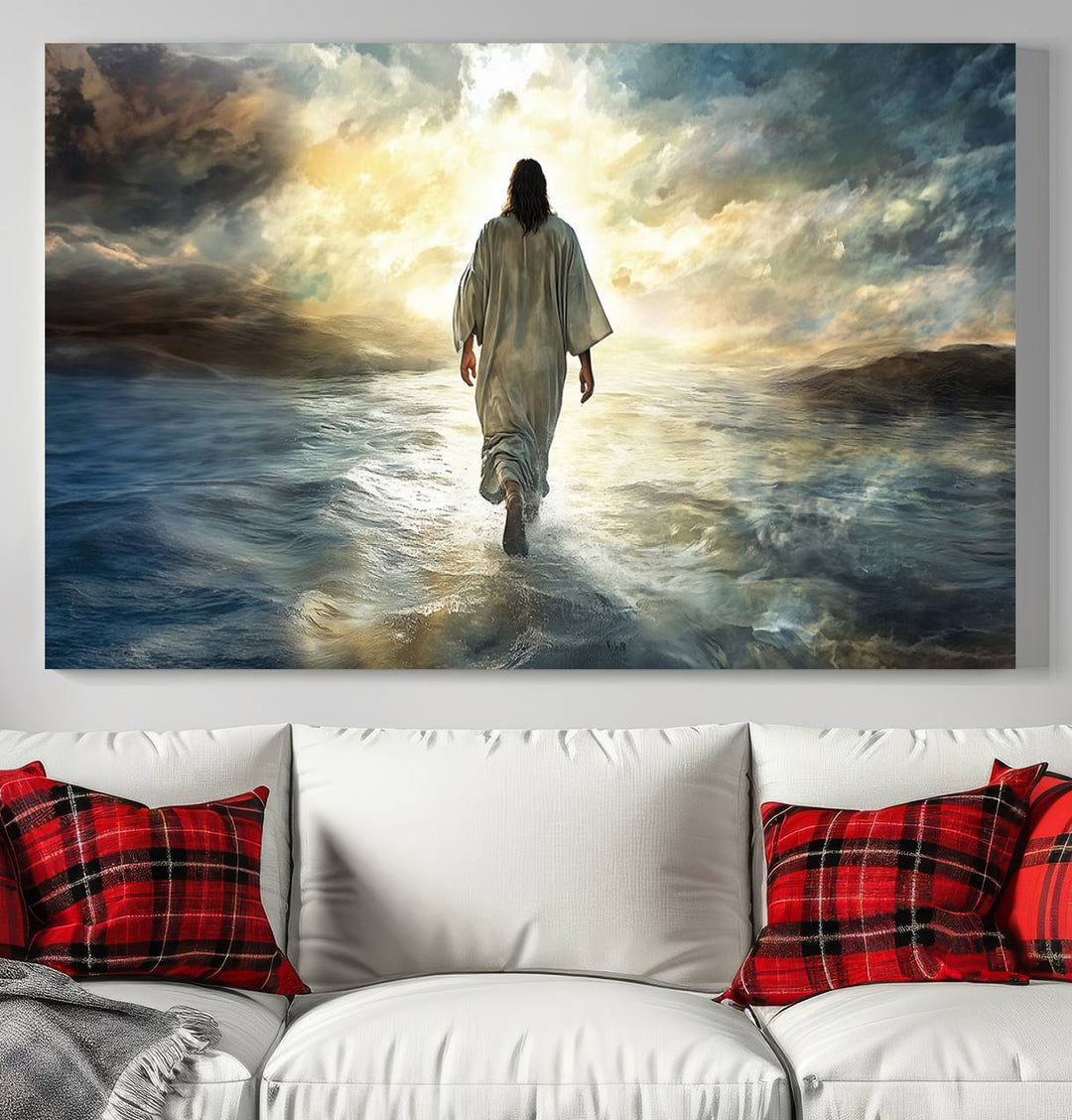 The Jesus Walking on Water Wall Art, a captivating triptych canvas print, showcases a person walking on water beneath dramatic clouds. This ready-to-hang piece seamlessly combines faith and style for your Christian home decor.