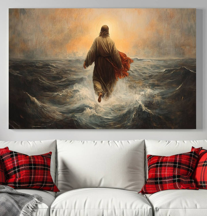 A modern living room is adorned with a triptych titled "Jesus Walking on Water, Christian Wall Art, Jesus Christ Walking on Oil Painting Style Print." The artwork, presented on museum-quality canvas, showcases vibrant colors and exquisite detail.