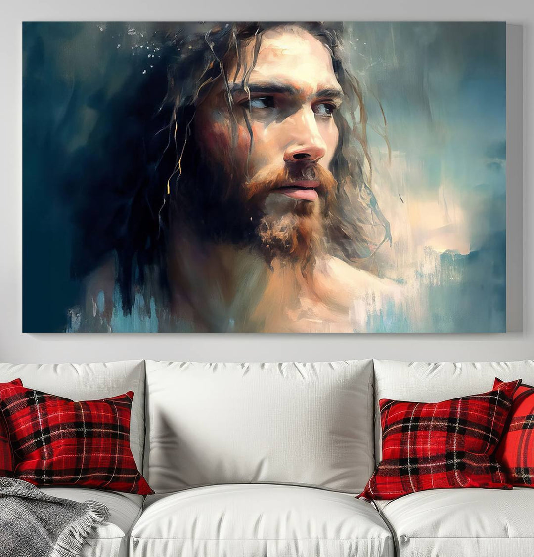 The Jesus Portrait Wall Art Canvas Print, featuring a depiction of a man with long hair and a beard, is showcased on a wooden wall. This Christian Wall Art is rendered on museum-quality canvas, highlighting the mastery of high-resolution printing in an oil painting style.