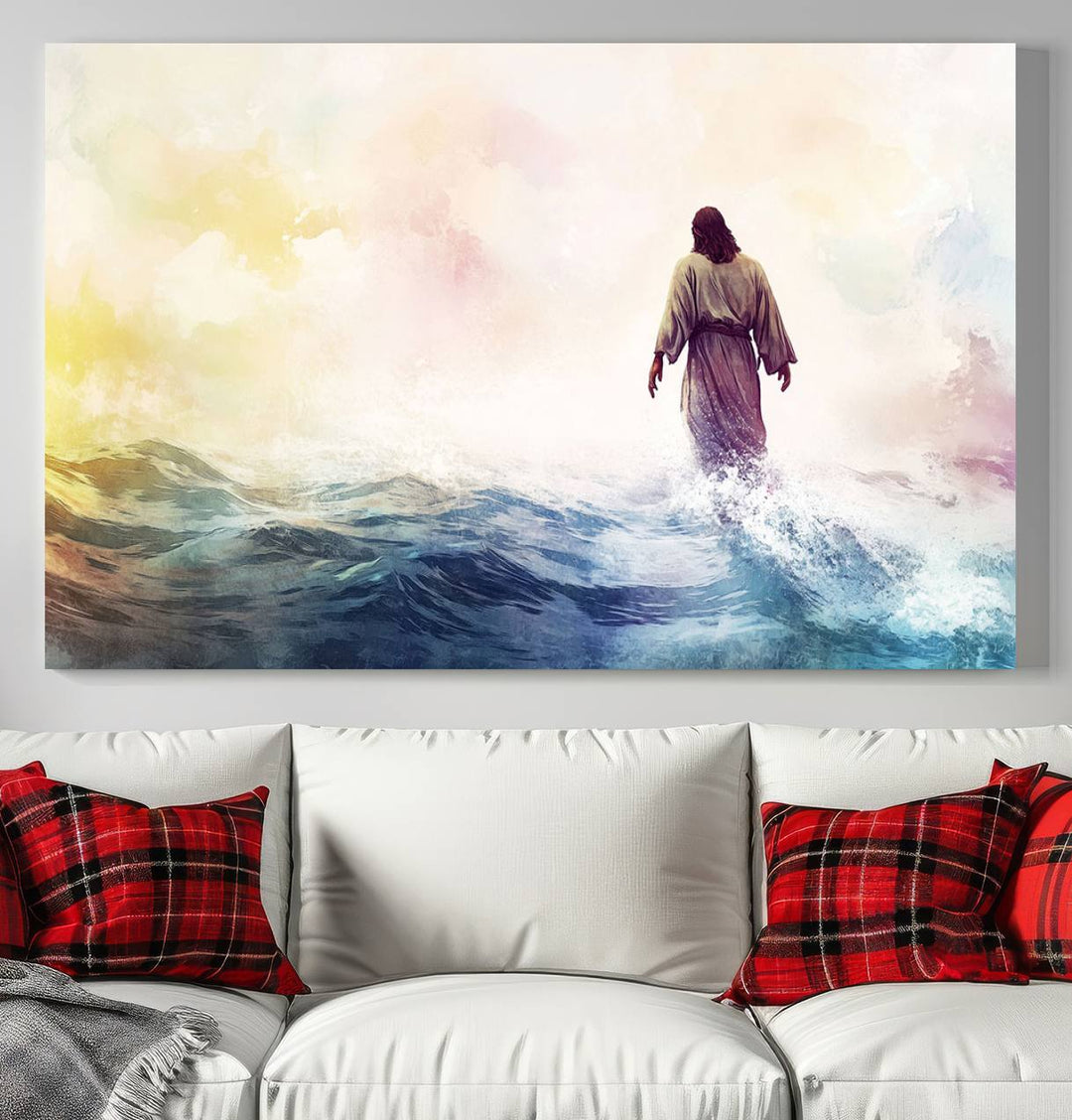 Watercolor Jesus Walking on Water Canvas Print, Christian Wall Art, Jesus Christ Walking