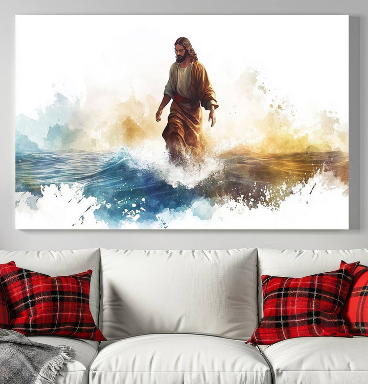 Watercolor Jesus Walking on Water Canvas Print, Christian Wall Art, Jesus Christ Walking