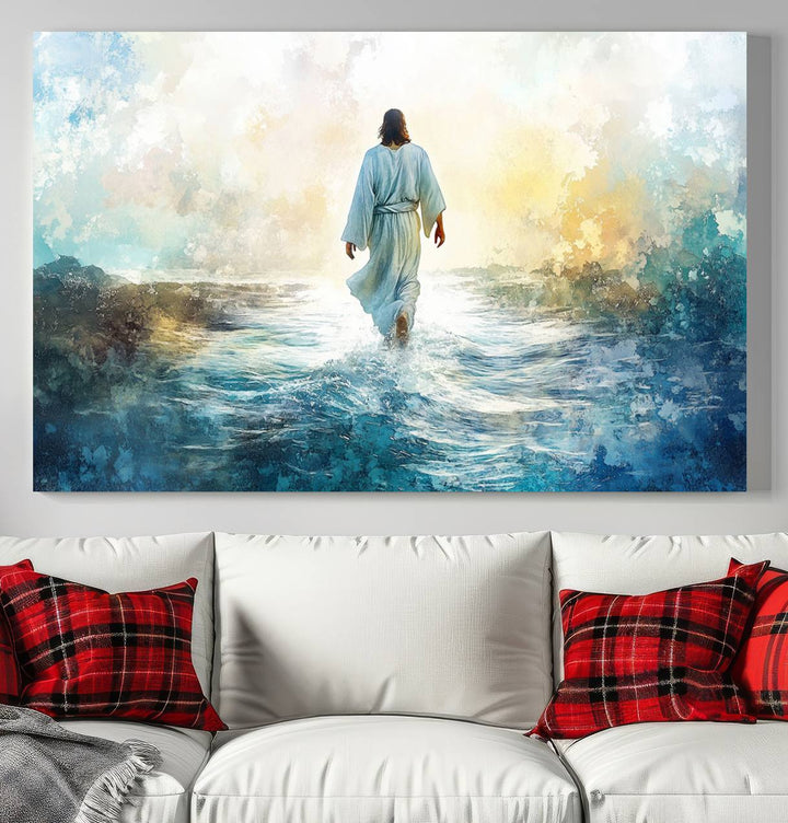 Watercolor Jesus Walking on Water Canvas Print, Christian Wall Art, Jesus Christ Walking