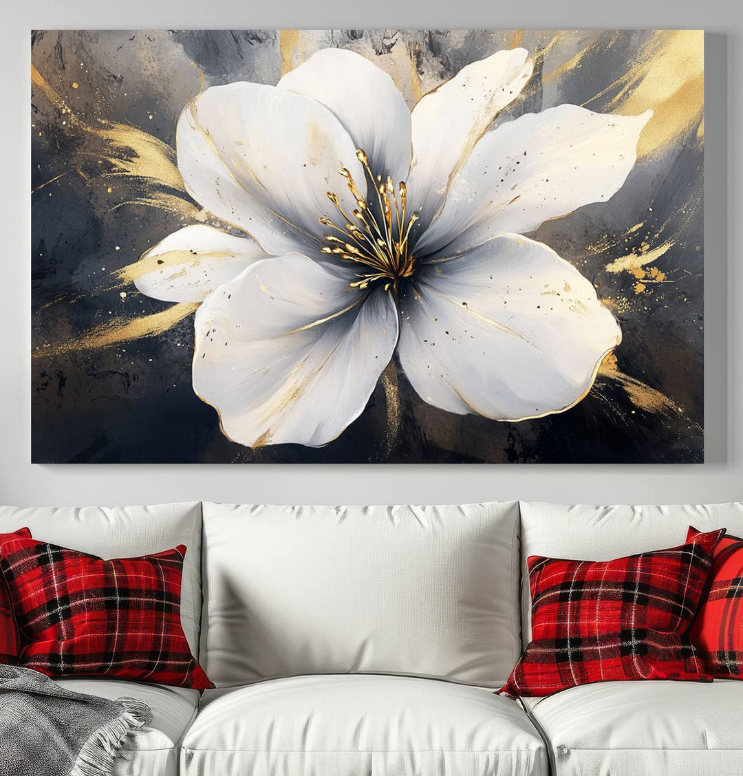 White Flower Wall Art | Canvas Print | Ready to Hang | Abstract Floral Wall Decor | Elegant Bloom Artwork | Framed for Living Room or Bedroom