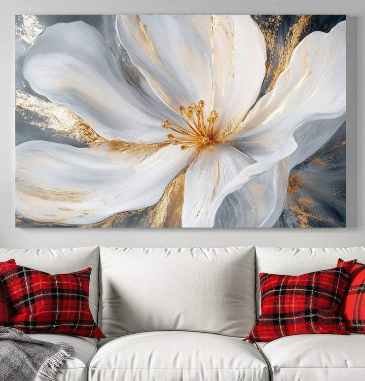 White and Gold Floral Canvas Wall Art - Framed and Ready to Hang - Perfect for Modern Living Rooms