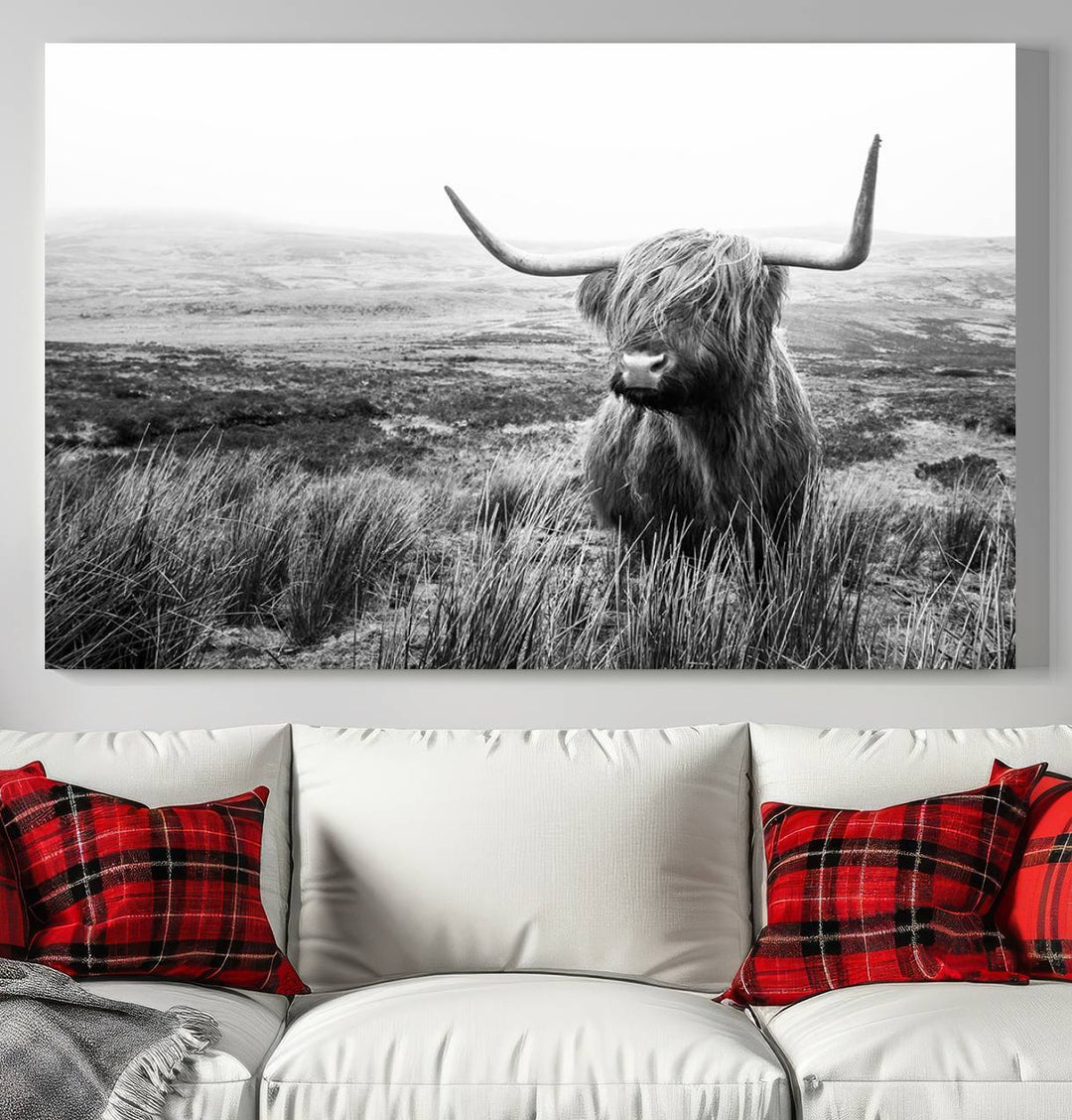 Scottish Highland Cow Wall Art | Black and White Canvas Print | Ready to Hang and Framed | Rustic Farmhouse Wall Decor for Living Room or Office