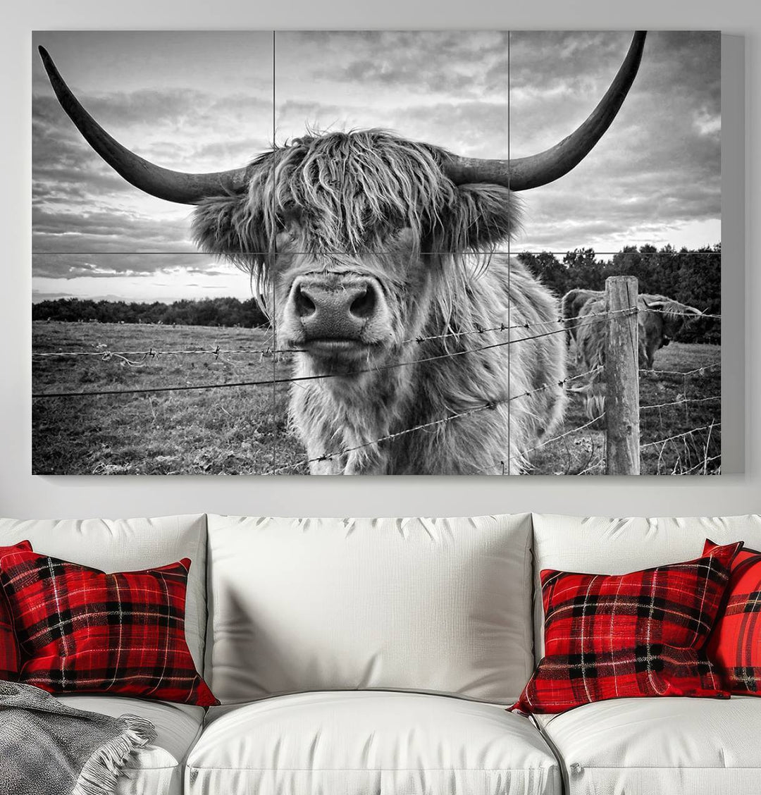 Scottish Highland Cow Wall Art Canvas Print | Ready to Hang and Framed | Rustic Farmhouse Decor