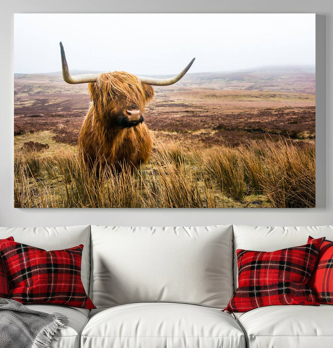 Scottish Highland Cow Wall Art Canvas Print | Ready to Hang and Framed | Rustic Farmhouse Decor for Living Room or Cabin