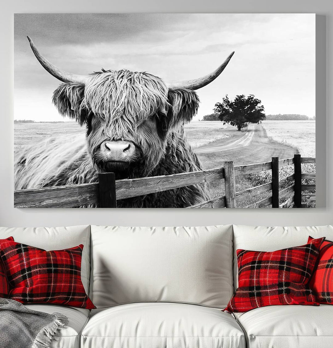 Scottish Highland Cow Wall Art | Rustic Farmhouse Décor | Black and White Ready to Hang Canvas Print