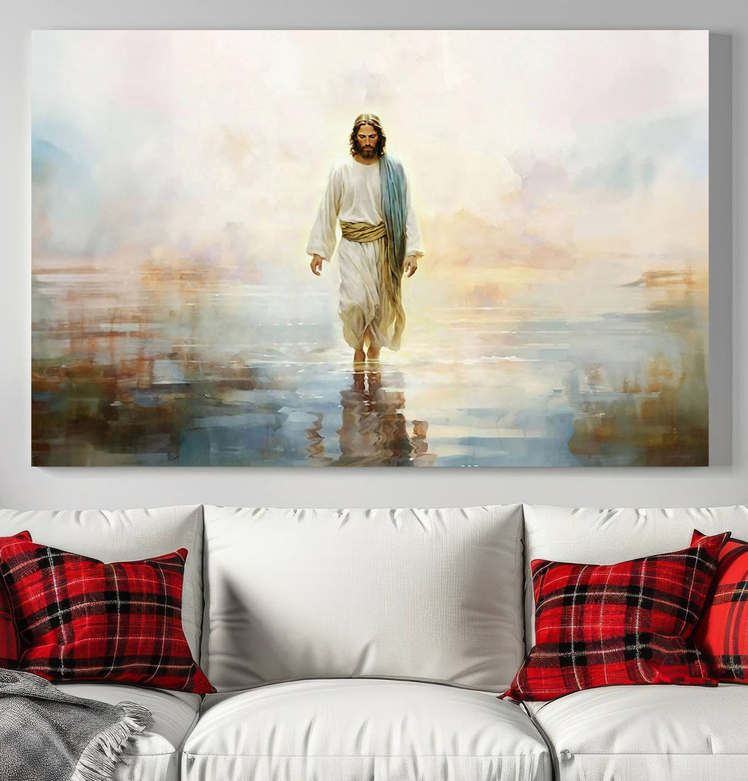 Framed Jesus Walking on Water Wall Art - 3-Panel Christian Canvas Prints, Religious Artwork, Ready to Hang Home Decor for Living Room, Office, or Church