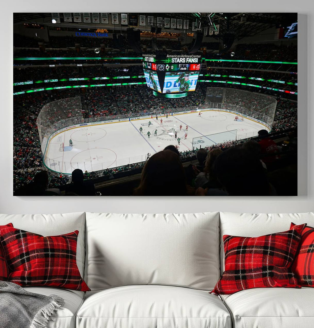 The Dallas Stars Wall Art Canvas Print is as clear as the scoreboard stats at a hockey game in a large arena with bright lights.