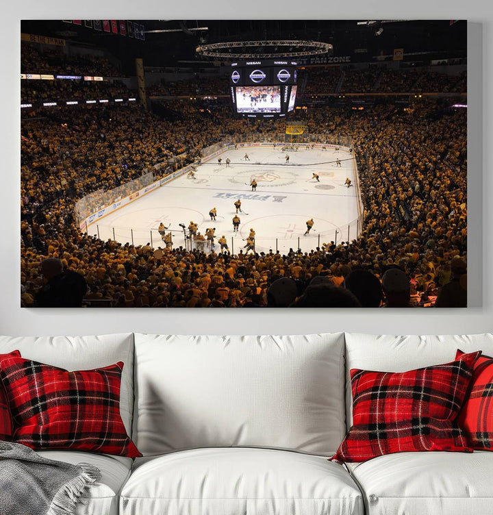 A captivating triptych canvas print, titled "Bridgestone Arena - Nashville Predators Hockey Team Print," adorns the wall. This Nashville wall art canvas print is perfect for Predators fans who appreciate sports-themed decor.