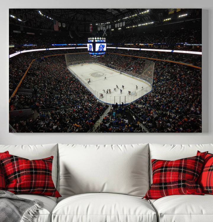 The nautical-themed room is enhanced by the KeyBank Center New York Buffalo Sabres Hockey Stadium Wall Art Canvas Print, a three-panel depiction of a bustling hockey arena with a gallery-quality finish. This canvas artwork, handmade in the USA, introduces an element of sporting elegance to your decor.