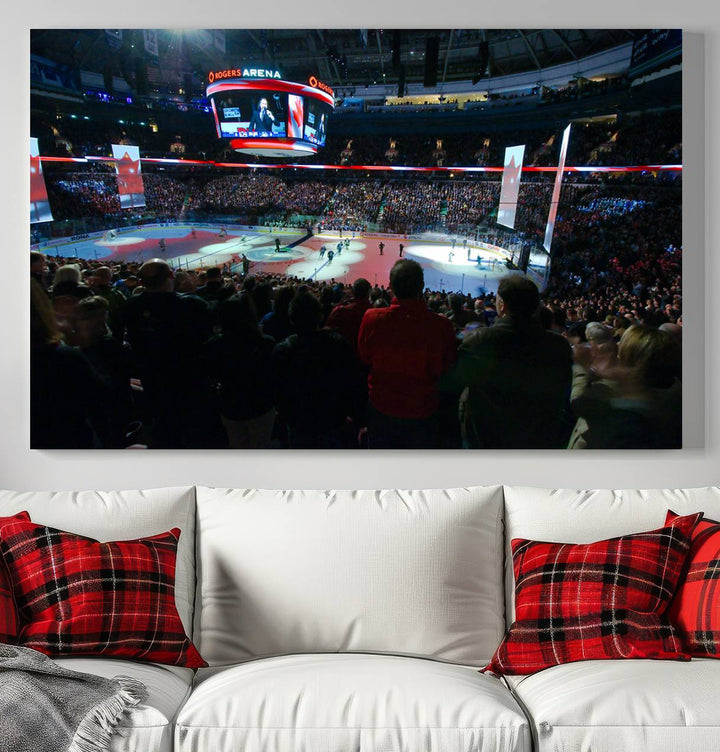 Experience the intense atmosphere of a full-capacity ice hockey game at Rogers Arena, home of the Vancouver Canucks, captured on museum-quality canvas.