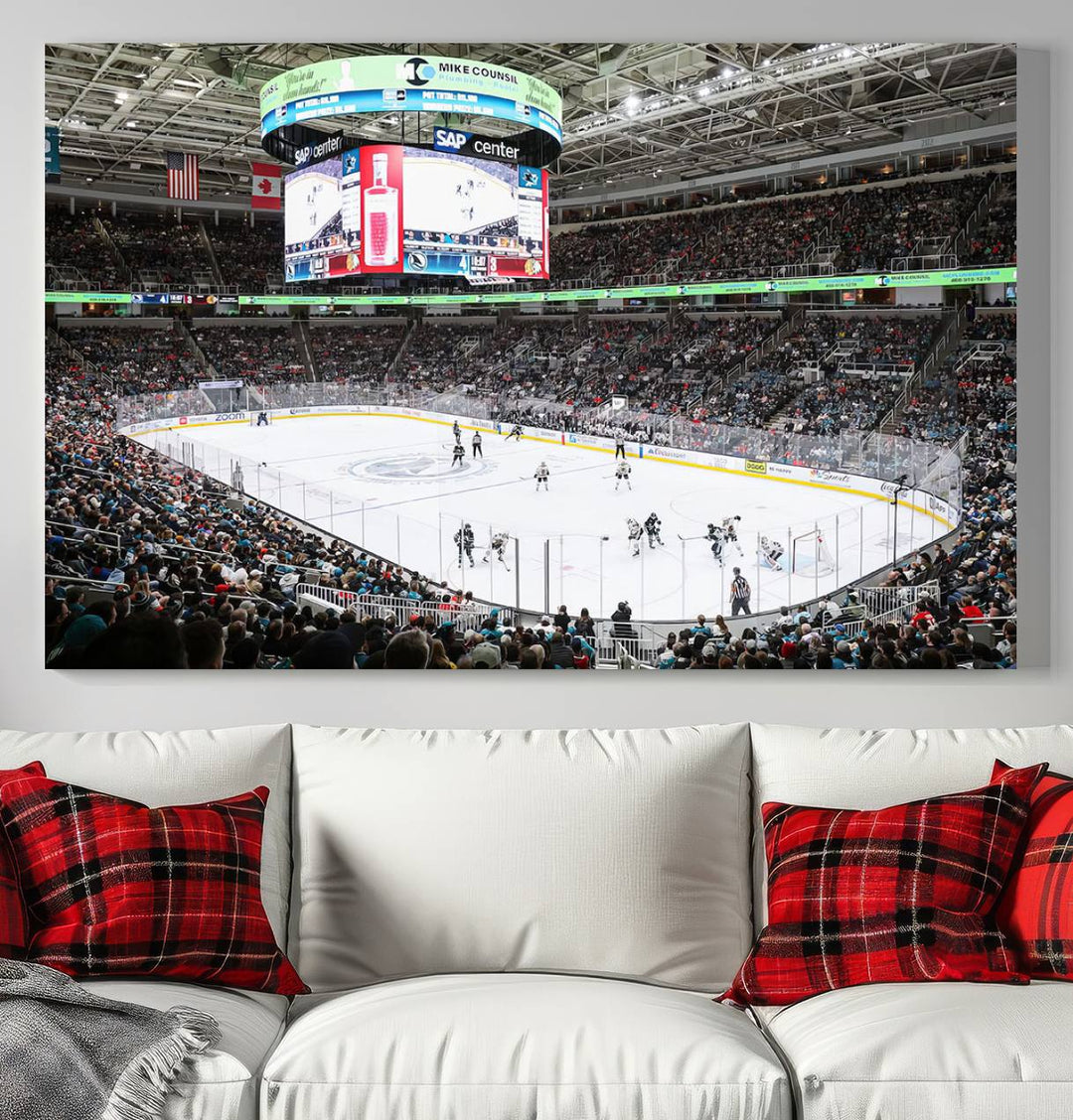 A packed ice hockey arena buzzes with energy as players glide on the ice and a large screen displays scores. The indoor decor features Sharks Arena Blackhawks Sharks Ice Hockey Stadium Wall Art Canvas Prints, creating an unexpected yet charming sporting atmosphere reminiscent of a gallery.