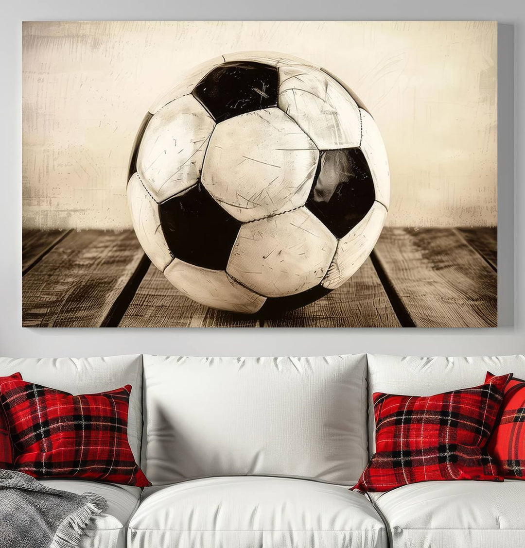 Vintage Soccer Ball Triptych Canvas Art – 3-Panel Soccer Wall Decor, Framed and Ready to Hang Sports Art for Home, Office, or Gym