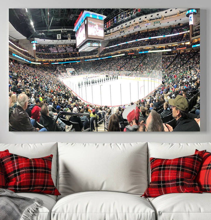 The Xcel Energy Center St Paul Minnesota Wild Ice Hockey Stadium Wall Art Canvas Print captures a packed hockey arena with spectators watching players on the ice. It is elegantly preserved on museum-quality canvas with vibrant details protected by a UV-protective coating.