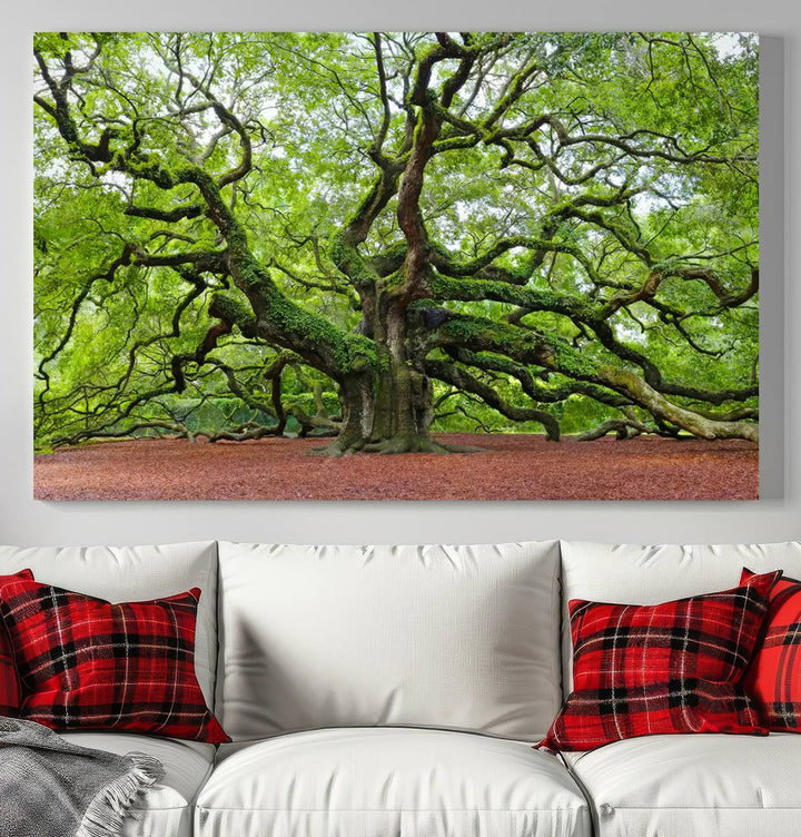 Framed Angel Oak Tree Wall Art - 3-Panel Canvas Prints, Large Green Nature Artwork, Ready to Hang Home Decor for Living Room, Office, Bedroom