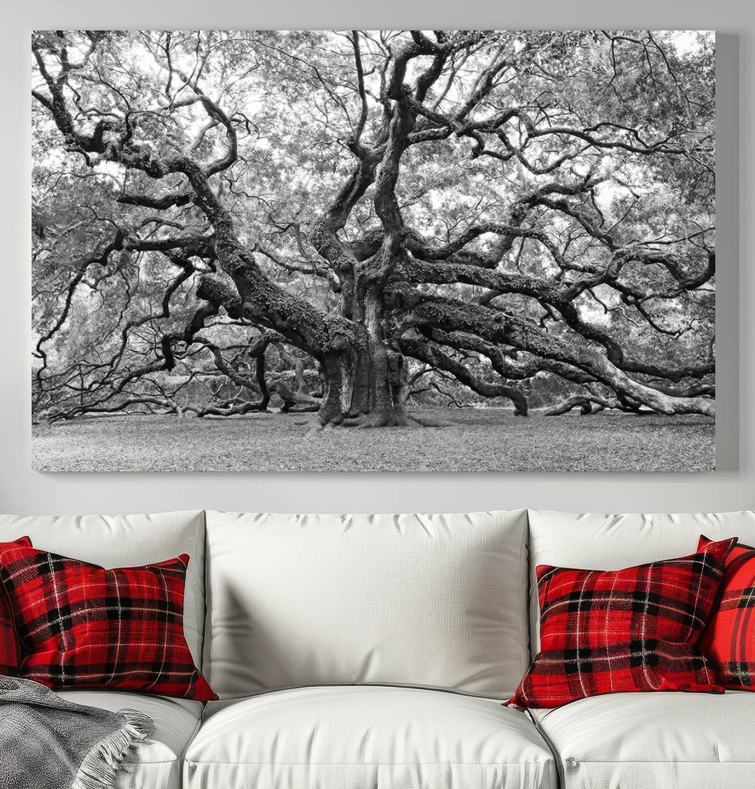 Black White Angel Oak Tree Wall Art - Timeless Nature-Inspired Canvas for Rustic, Modern, or Traditional Home Decor