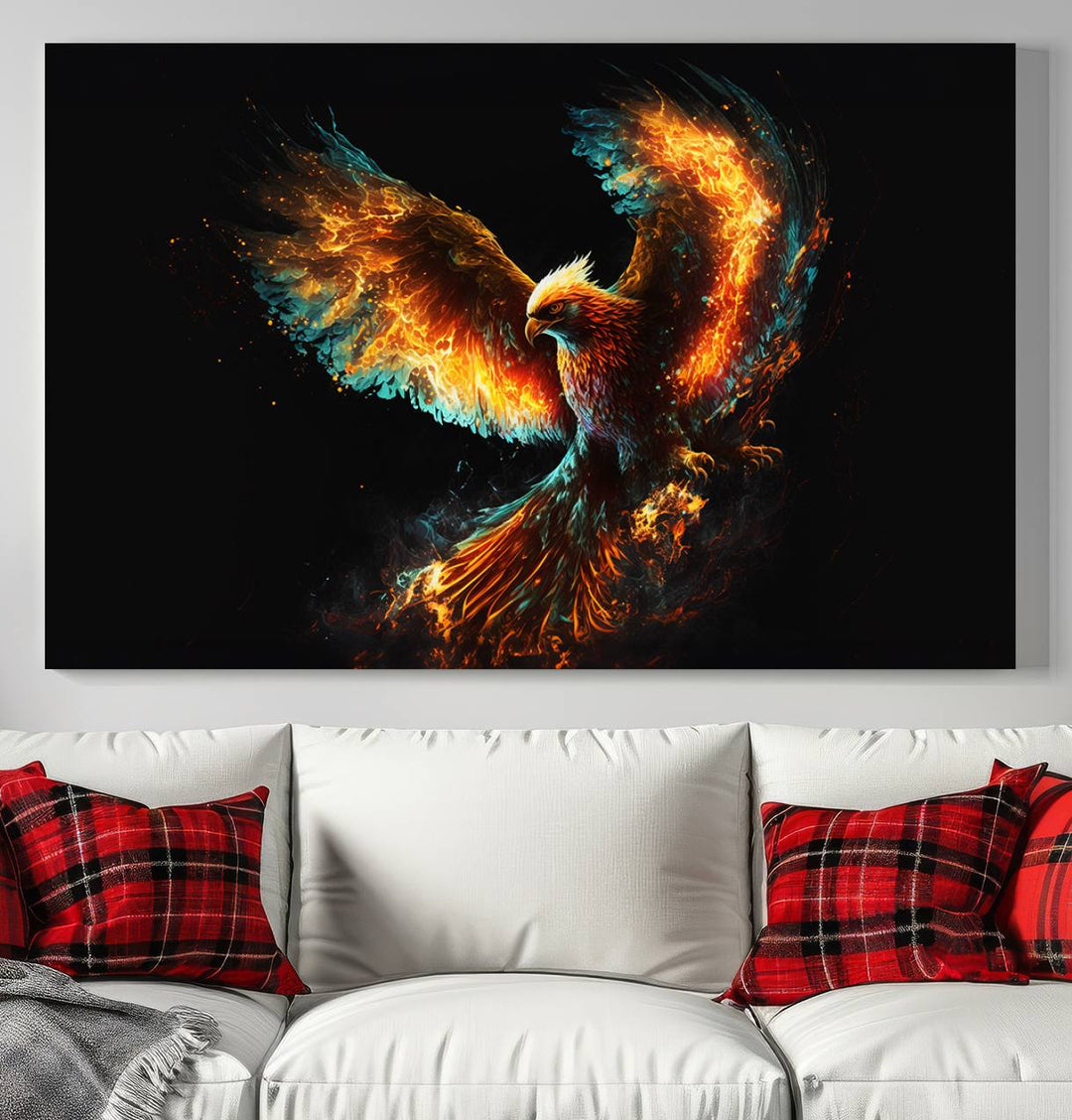 Fiery Phoenix Canvas Print | Ready to Hang Wall Art | Bold Fantasy Decor for Living Room | Majestic Bird Artwork