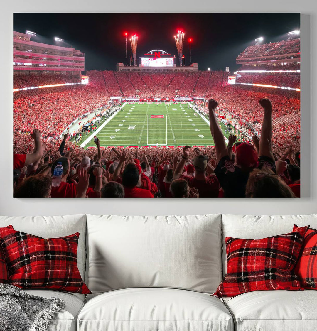 The University of Nebraska Cornhuskers Football Team Print, a vibrant three-panel canvas depicting Lincoln Memorial Stadium filled with enthusiastic fans from the end zone perspective, features a gallery-quality finish.