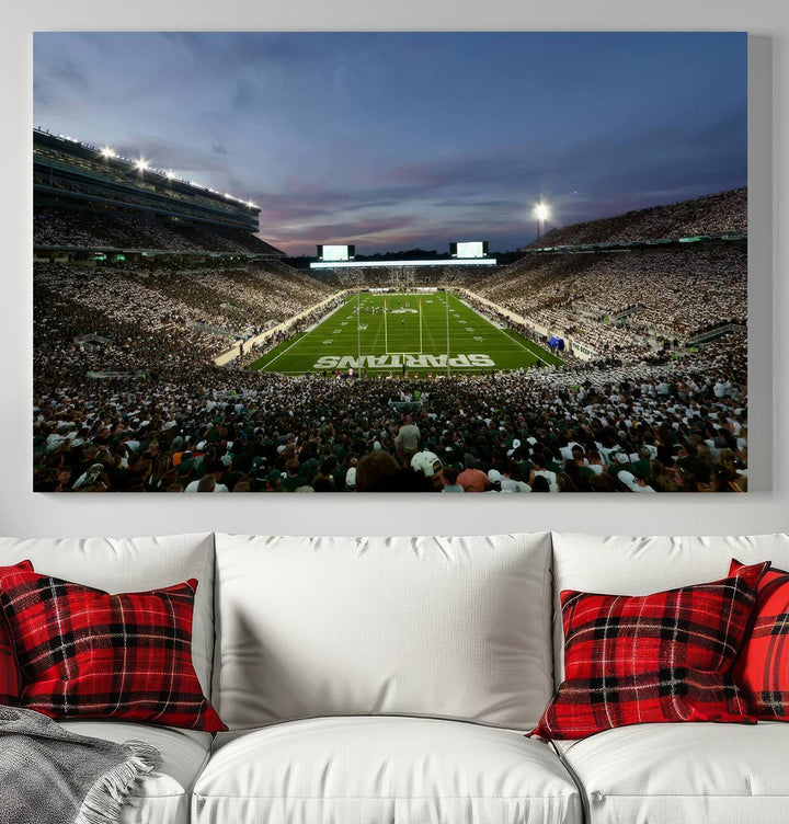 Wall art featuring a stadium at dusk with full stands—ideal for the Michigan State Spartans Football Team Canvas Print.