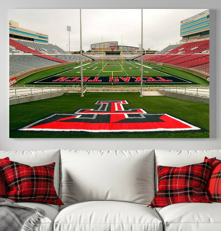 Gallery-quality print of Lubbock Jones AT&T Stadium featuring the Texas Tech Red Raiders field, highlighted by red and gray bleachers.