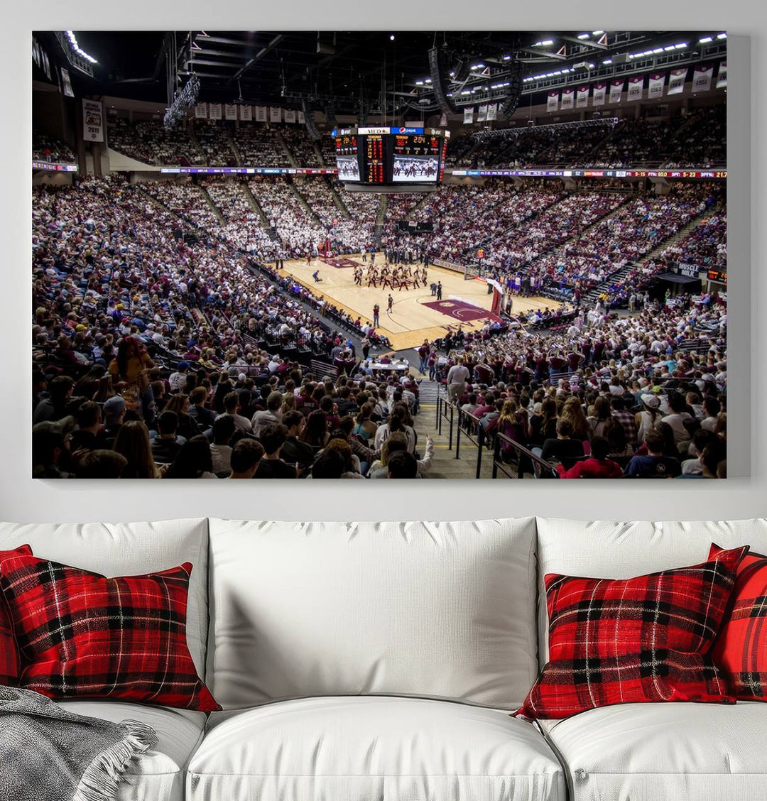 The Nebraska Basketball Arena Wall Art Canvas features an arena filled with Cornhuskers fans and players beneath a scoreboard.