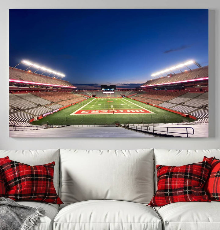 A large SHI Stadium at dusk, ideal for a Rutgers Scarlet Knights Football Team canvas print.