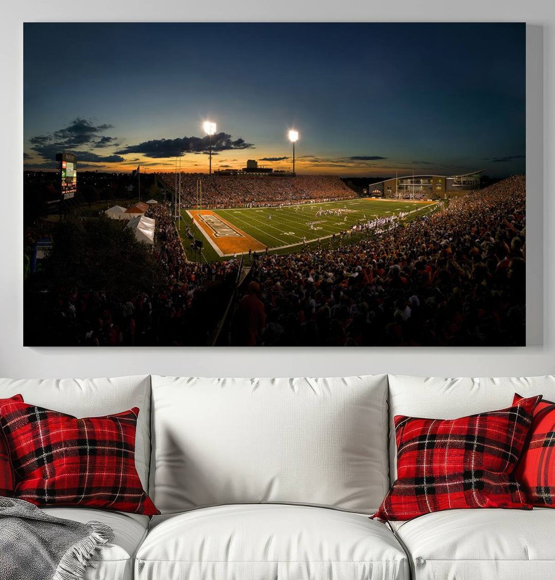 Ball State Cardinals Football Team Print - Muncie Scheumann Stadium Canvas featuring a sunset, floodlights, and lively crowd.