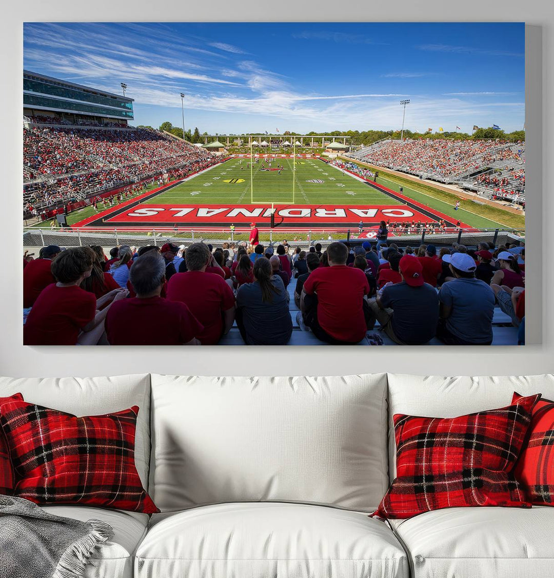 The Ball State Cardinals wall art on canvas depicts fans in red at Scheumann Stadium.