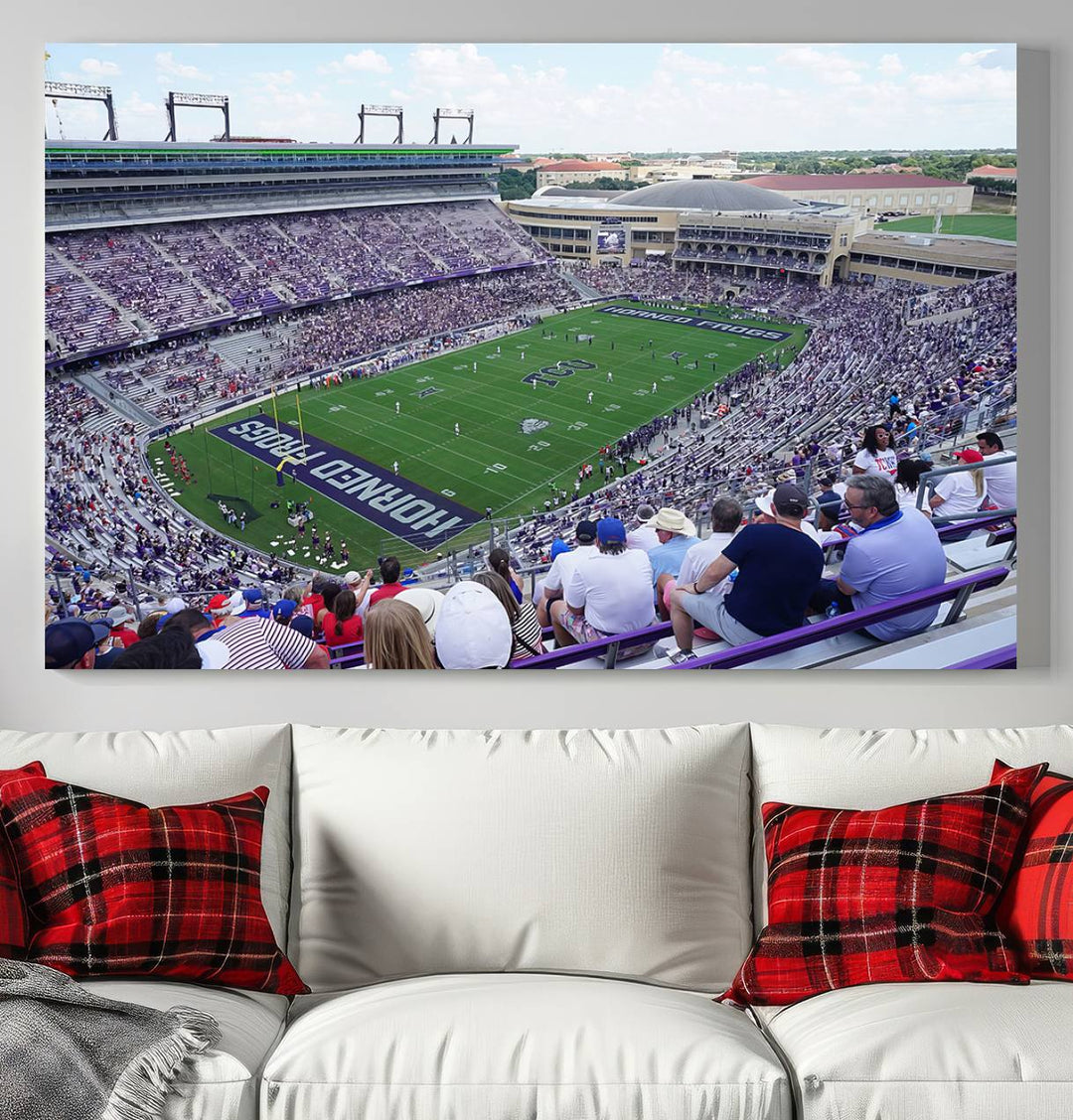 Amon G. Carter Stadium wall art canvas showcasing the TCU Horned Frogs and packed stands at Fort Worth.