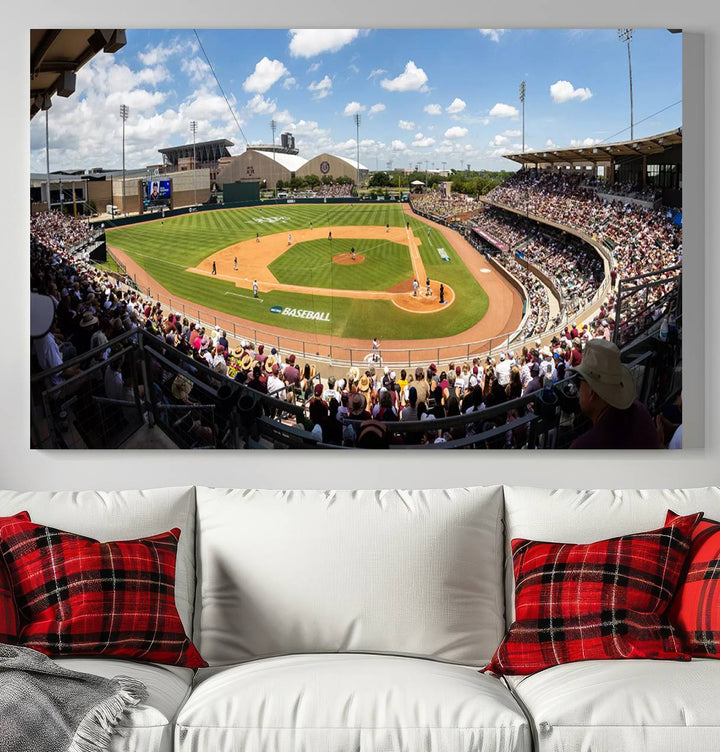 A baseball stadium under a blue sky, capturing the energy of The Texas A&M Aggies Athletics Kyle Field Wall Art.