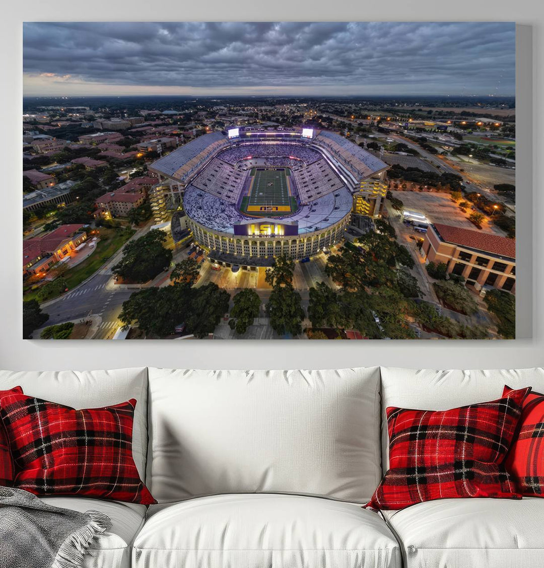 The LSU Tigers Football Team Baton Rouge Tiger Stadium Canvas is displayed prominently, capturing attention with its vivid depiction of the iconic stadium.