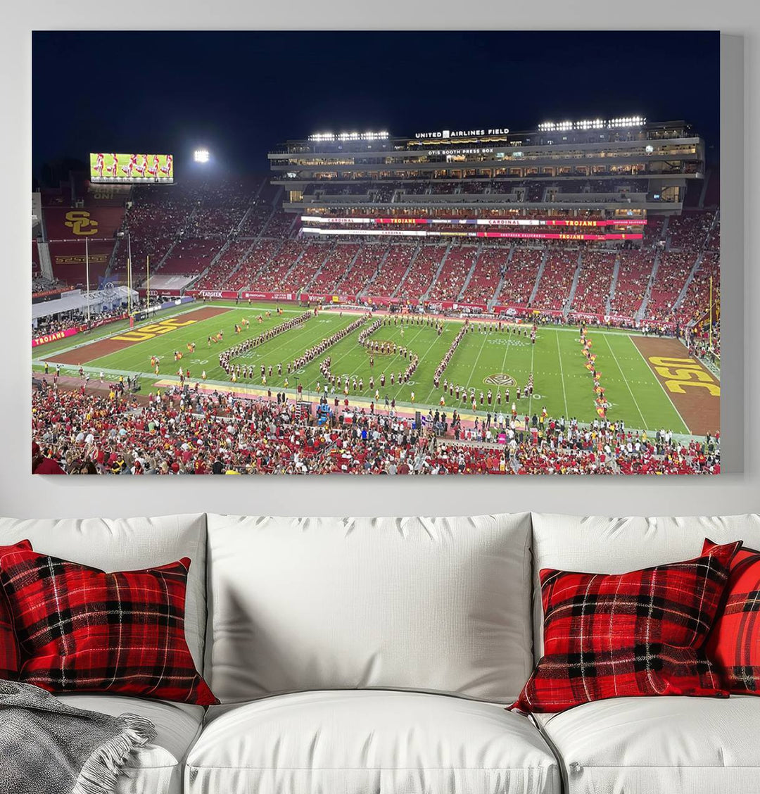 Canvas print depicting a packed stadium at night with a marching band forming USC, celebrating the Trojans at Los Angeles Memorial Coliseum.