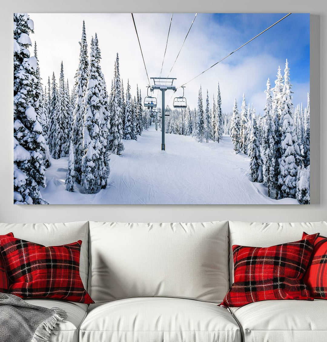 Winter Ski Lift Landscape Wall Art | Snowy Mountain Adventure | Framed and Ready to Hang | Perfect for Cabin Wall Art, Farmhouse Decor