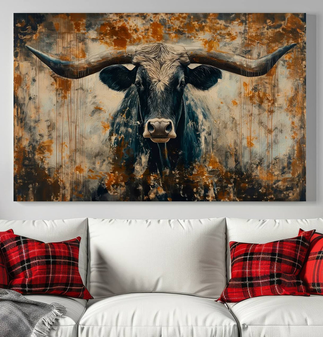 Abstract Longhorn Bull Wall Art | Rustic Western Wall Decor | Framed and Ready to Hang | Ideal for Farmhouse, Lodge, and Barn Decor