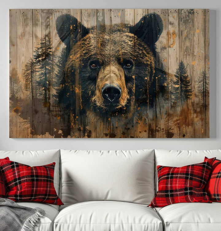 The Abstract 399 Bear Wall Art, featuring a rustic cabin theme with forest design, is framed and ready to hang. It's ideal for lodge, cabin, and barn decor and perfectly complements the nature lover's aesthetic.