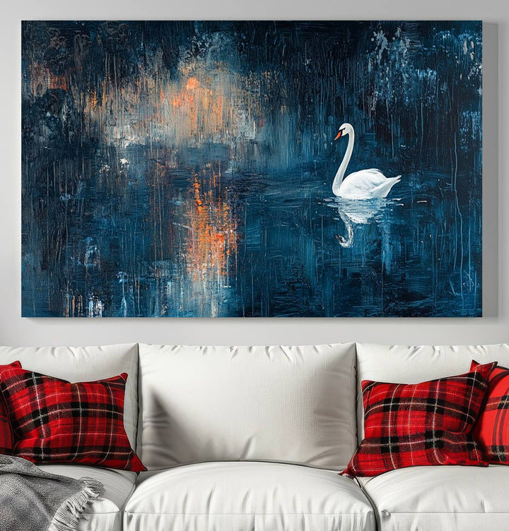 Abstract Swan Wall Art | Moody Blue and Orange Swan Painting on Canvas | Framed and Ready to Hang | Elegant and Modern Art for Living Room or Bedroom Decor