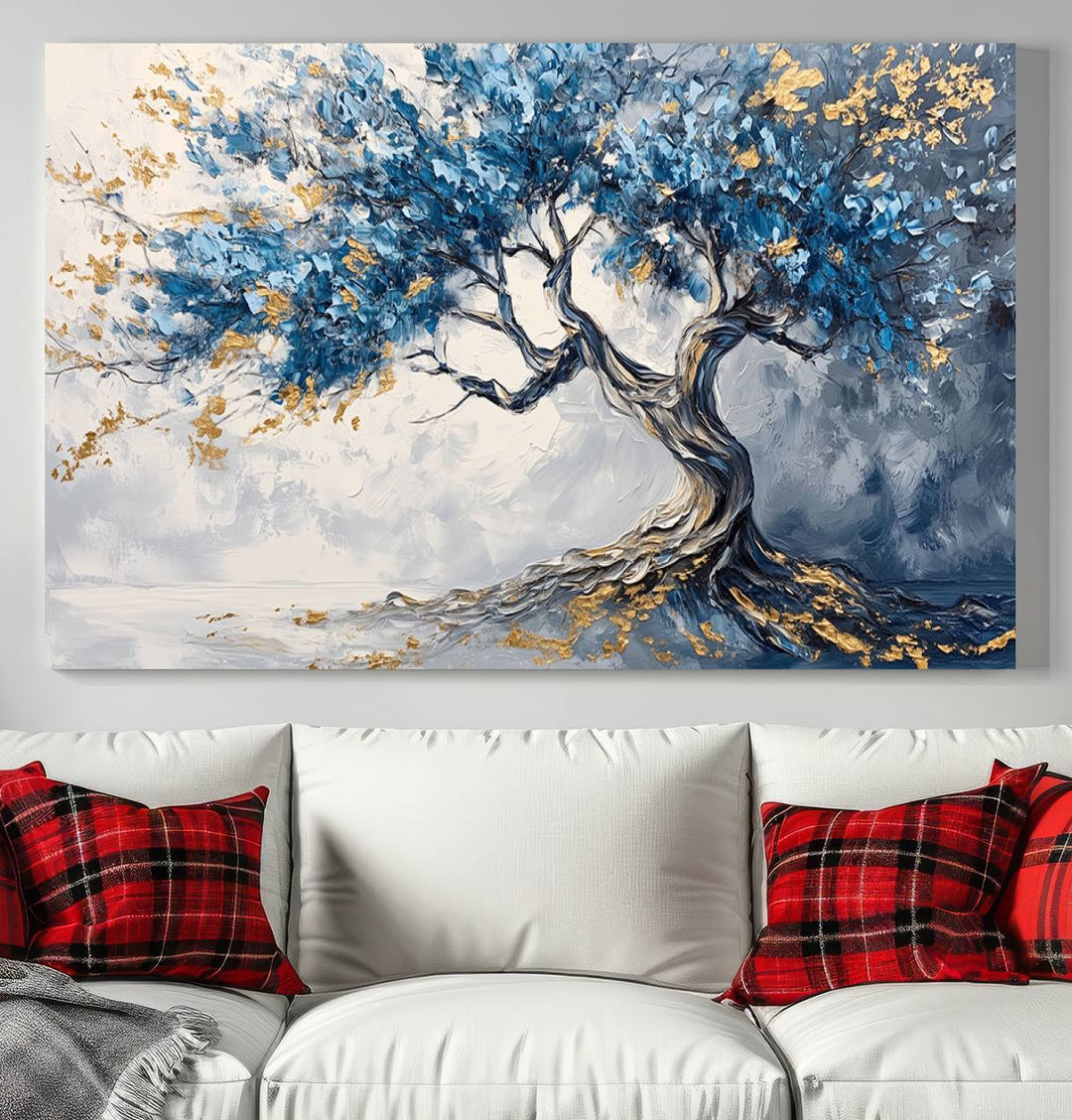 Elegant Abstract Tree Canvas Wall Art | Tree of Life Painting | Textured Art in Blue and Gold | Framed & Ready to Hang for Modern Living Room Decor