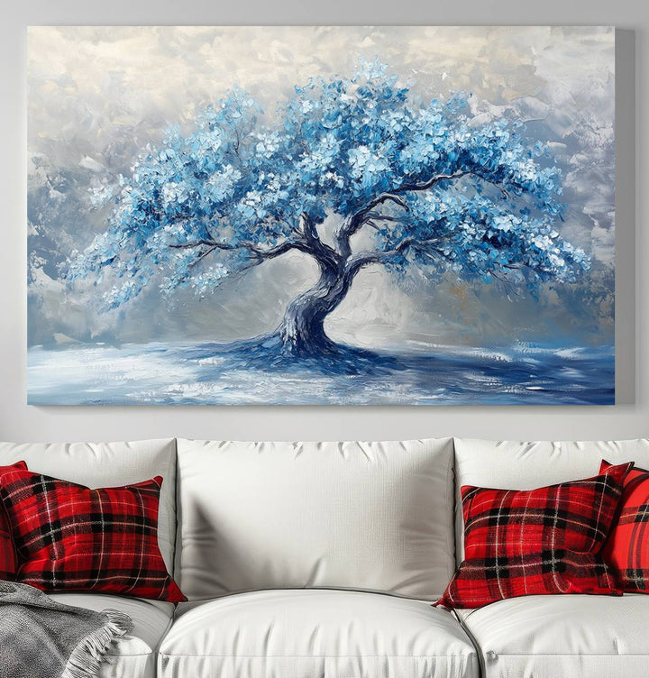 Serene Abstract Blue Tree Wall Art | Canvas Print of a Majestic Tree in Blue Hues | Perfect for Farmhouse, Coastal, and Modern Decor