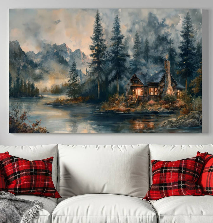 Rustic Cabin Woods Wall Art Print | Lake in a Forest Canvas Print | Cabin, Lodge, and Farmhouse Decor Print