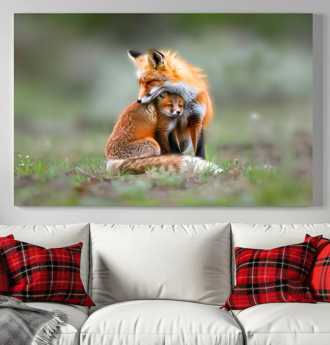 Heartwarming Fox and Baby Cub Wall Art | Ready to Hang Canvas Print of Foxes in Nature | Perfect for Animal Lovers, Rustic Decor, and Cabin Wall Art